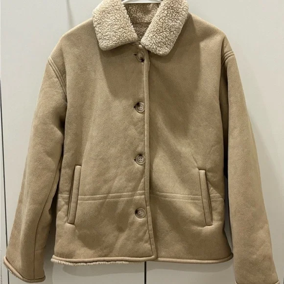 Beige Tan Teddy Button Up Jacket for Women - Picture 2 of 6